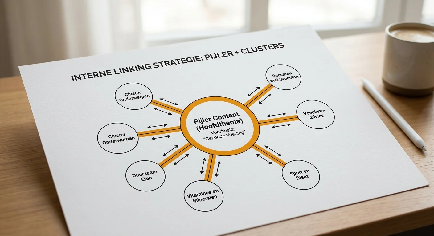 Vue d&eacute;taill&eacute;e, mise au point nette d'un diagramme visuel d'une strat&eacute;gie de maillage interne pour pages piliers et clusters th&eacute;matiques, o&ugrave; un cercle central est connect&eacute; &agrave; plusieurs sous-cercles