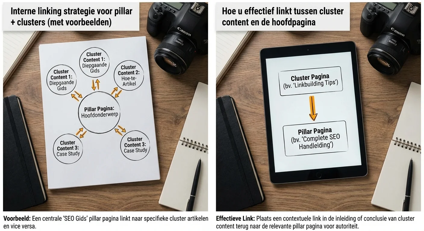 Comparative, side-by-side layout illustrating an internal linking strategy for pillar and cluster content on how to effectively link between cluster content and the pillar page, with a