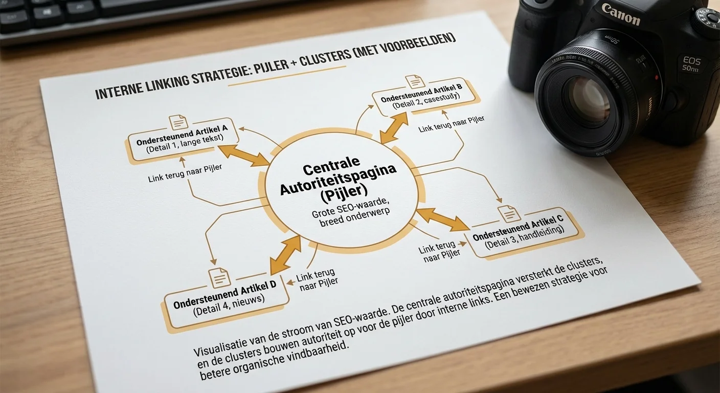 Professionelles Infografik-Diagramm zur Visualisierung der internen Verlinkungsstrategie f&uuml;r Pillar- und Cluster-Content, zeigt zentrale Autorit&auml;tsseite verbunden mit unterst&uuml;tzenden Artikeln zur Steigerung des SEO-Werts