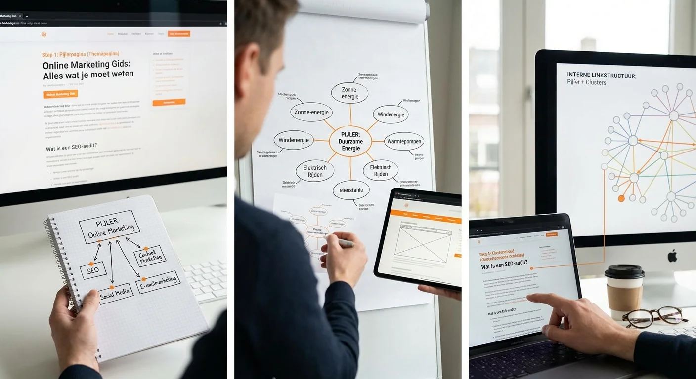 Illustration &eacute;tape par &eacute;tape, visualisation du processus d'une strat&eacute;gie de maillage interne pour pages piliers et clusters (avec exemples) avec des exemples pratiques de structures de liens internes r&eacute;ussies