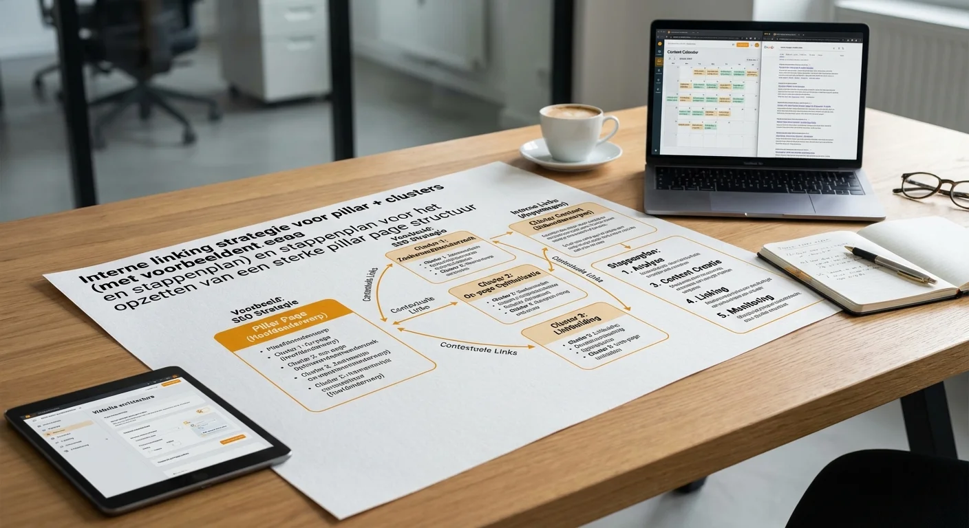 Realistic action photo with a dynamic perspective illustrating an internal linking strategy for pillar and cluster content as part of a step-by-step plan for building a strong pillar page structure