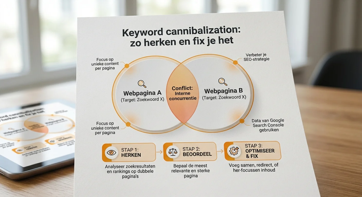 Proces van Keyword cannibalization: zo herken en fix je het visualiseert door middel van overlappende cirkels die conflicterende webpagina's voorstellen