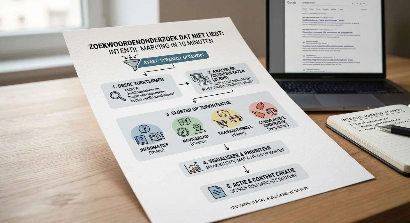 Infographic showing the flow of Keyword research dat niet liegt: intentie-mapping in 10 minuten met visuele iconen voor zoekintentie, helder en zakelijk ontwerp
