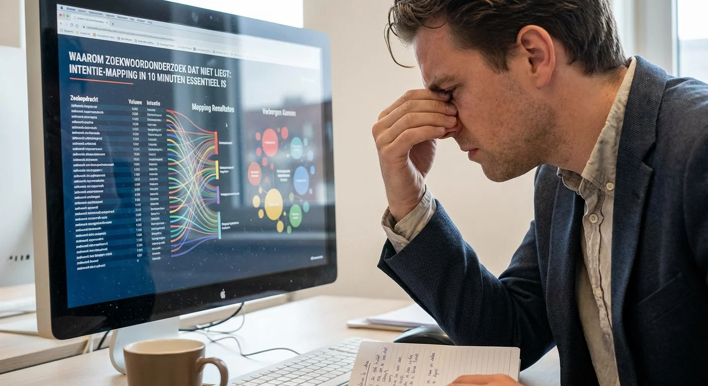 Verwarde marketeer die naar een scherm vol complexe data kijkt, illustrerend waarom Keyword research dat niet liegt: intentie-mapping in 10 minuten essentieel is