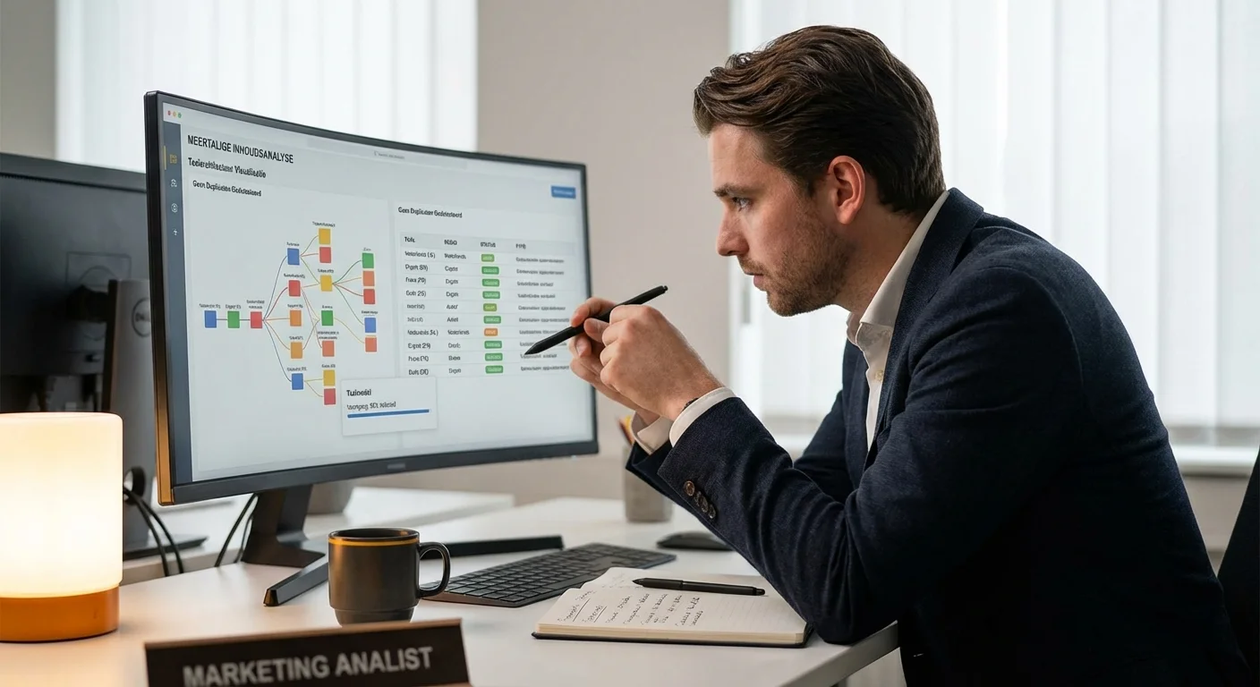 Een realistische actiefoto vanuit een dynamisch perspectief van een marketeer die complexe taalarchitectuur analyseert op een groot scherm voor Meertalige content: NL/EN/FR/DE zonder duplicatie
