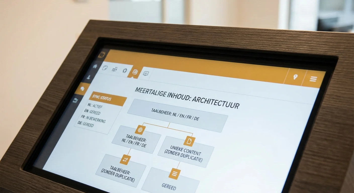 Digitaal dashboard dat de architectuur toont van Meertalige content: NL/EN/FR/DE zonder duplicatie
