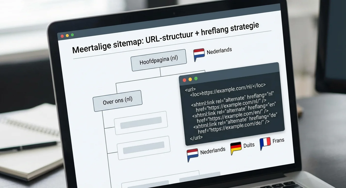 Meertalige sitemap: URL-structuur + hreflang strategie weergegeven op een digitaal scherm met technische XML-code en taalvlaggen
