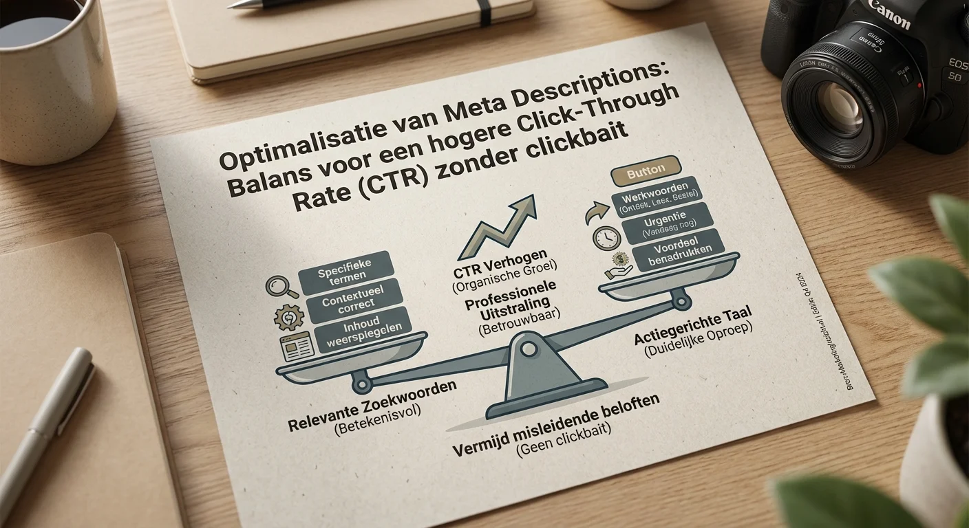 Een overzichtelijk diagram in infographic-stijl dat de balans toont tussen relevante zoekwoorden en actiegerichte taal voor Meta descriptions: CTR verhogen zonder clickbait, met een