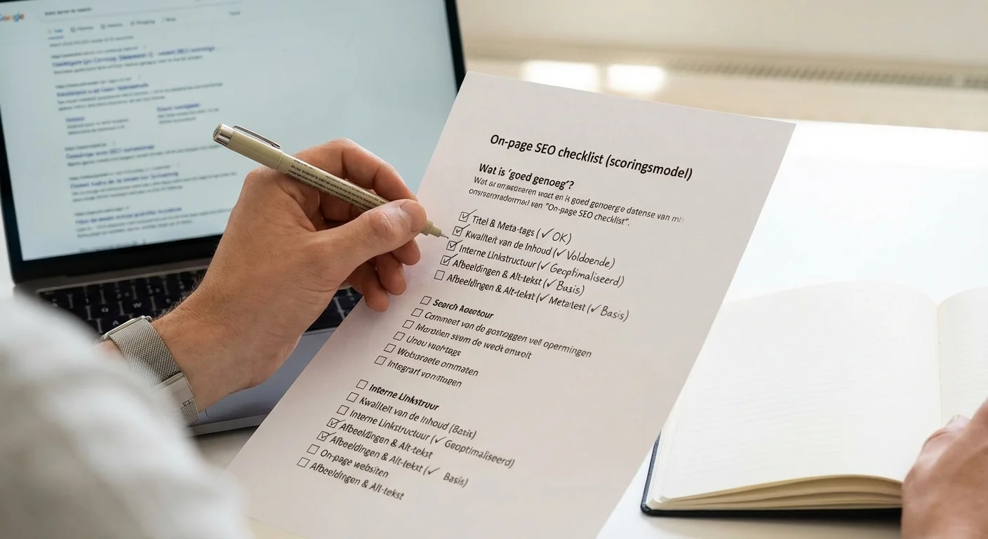 Hand die punten afvinkt op een On-page SEO checklist (scoringsmodel): wat is 'goed genoeg'? bij praktische stappen om je eigen on-page prioriteiten te stellen