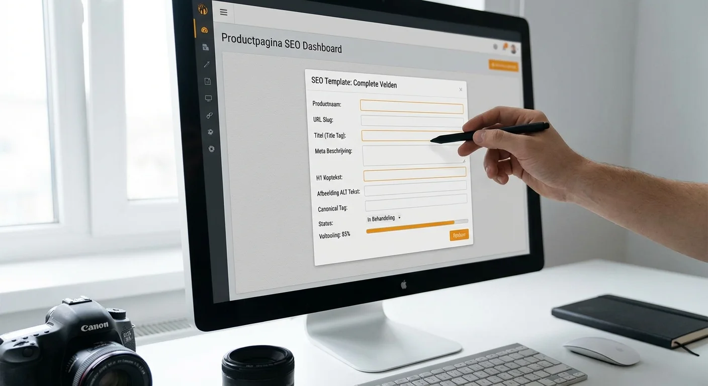 Digitaal dashboard waarop een Productpagina SEO: template die altijd alle velden dekt wordt ingevuld