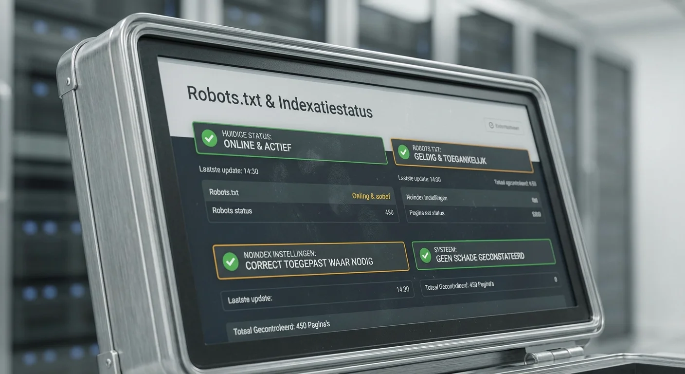Technisch dashboard dat de status van Robots.txt & indexatie: noindex waar nodig, geen schade weergeeft met groene vinkjes
