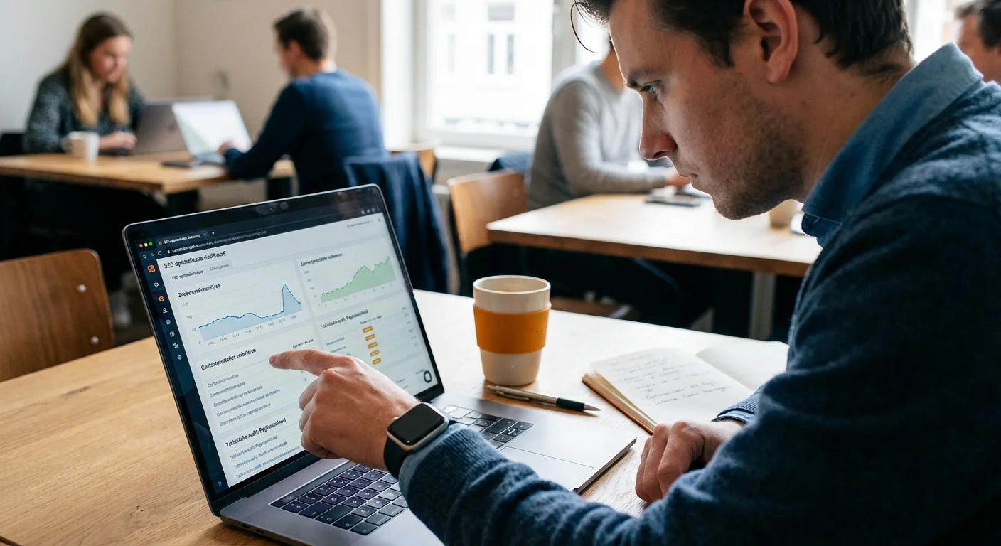 Ein realistisches Aktionsfoto aus dynamischer Perspektive eines Marketing-Experten, der ein SEO Audit auf einem Laptop durchf&uuml;hrt, um die Content-Optimierung zu verbessern