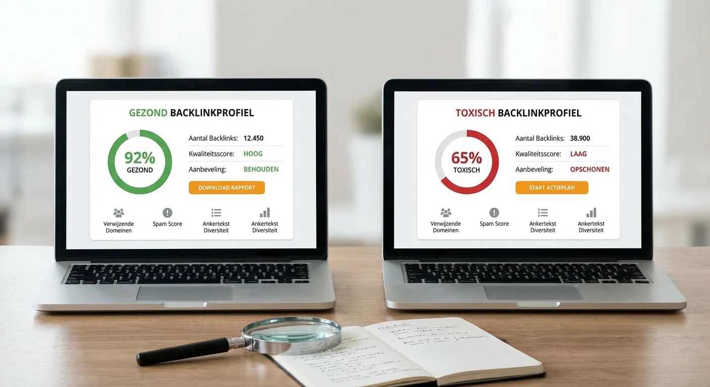 Vergleichende Ansicht, nebeneinanderliegendes Layout eines SEO Audits, das ein gesundes vs. ein toxisches Backlinkprofil analysiert