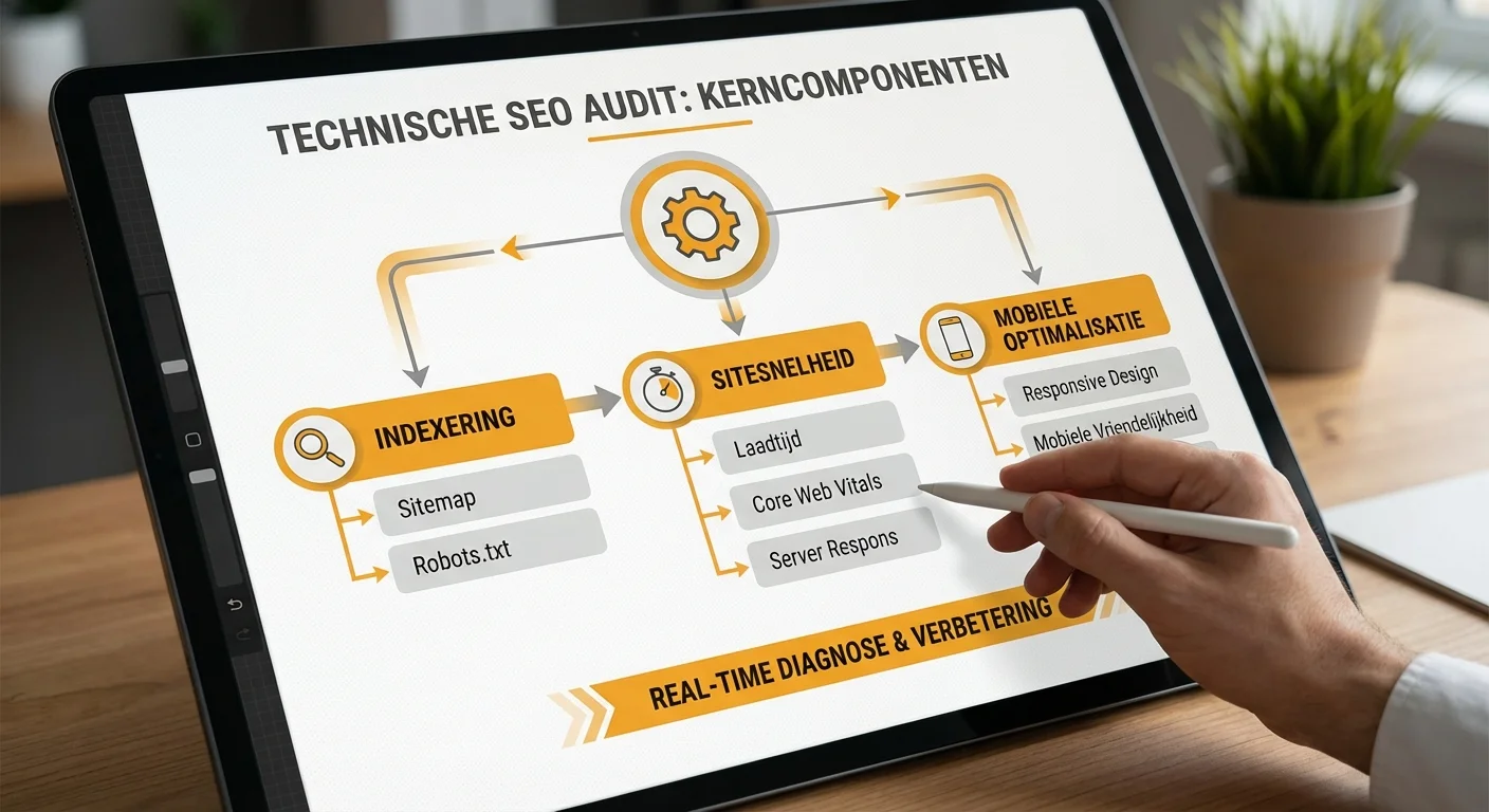 Ein detailliertes das die Kernkomponenten eines technischen SEO Audits darstellt, einschlie&szlig;lich Indexierung, Website-Geschwindigkeit und mobiler Optimierung