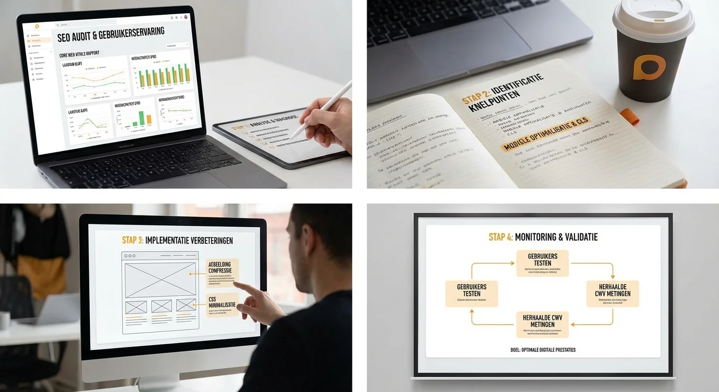 Schritt-f&uuml;r-Schritt-Illustration, Prozessvisualisierung eines SEO Audits zur Verbesserung der Benutzererfahrung und der Core Web Vitals