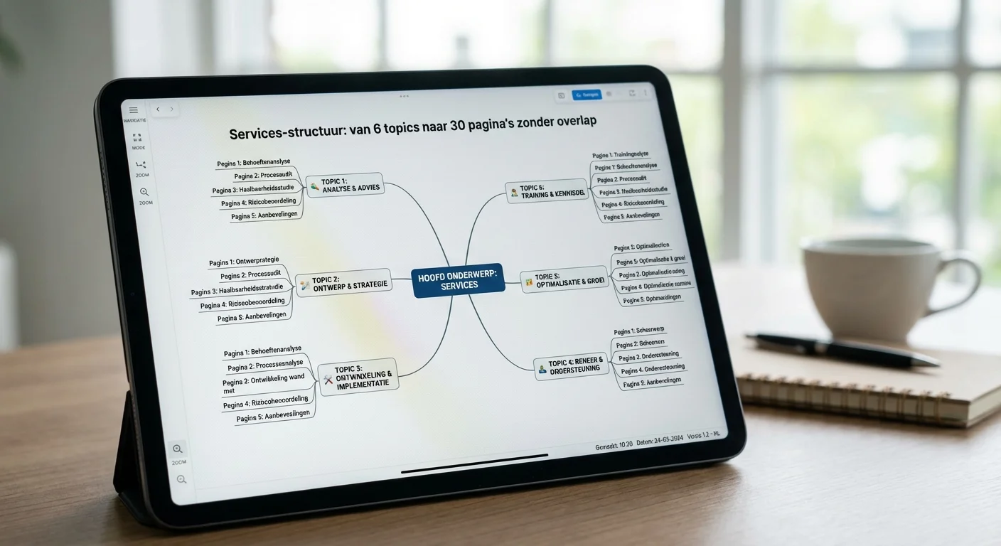 Digitale mindmap die de Services-structuur: van 6 topics naar 30 pagina's zonder overlap illustreert op een modern scherm