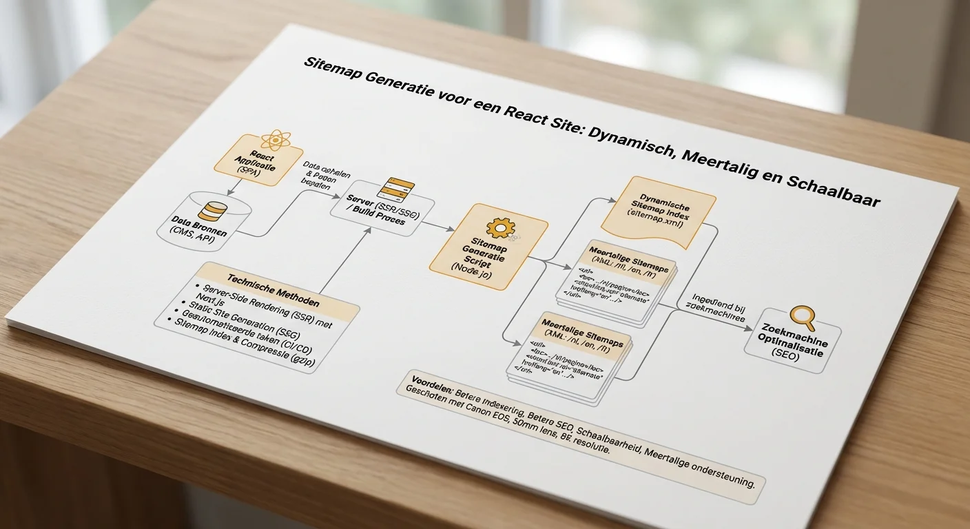 Diagram or infographic style, clear and informative of Sitemap generation voor een React site: dynamisch, meertalig en schaalbaar