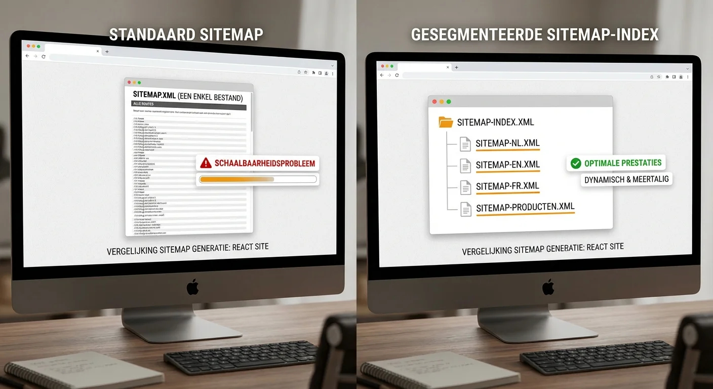 Comparative view, side-by-side layout van Sitemap generation voor een React site: dynamisch, meertalig en schaalbaar waarbij een standaard sitemap wordt vergeleken met een gesegmenteerde sitemap-index voor duizenden routes