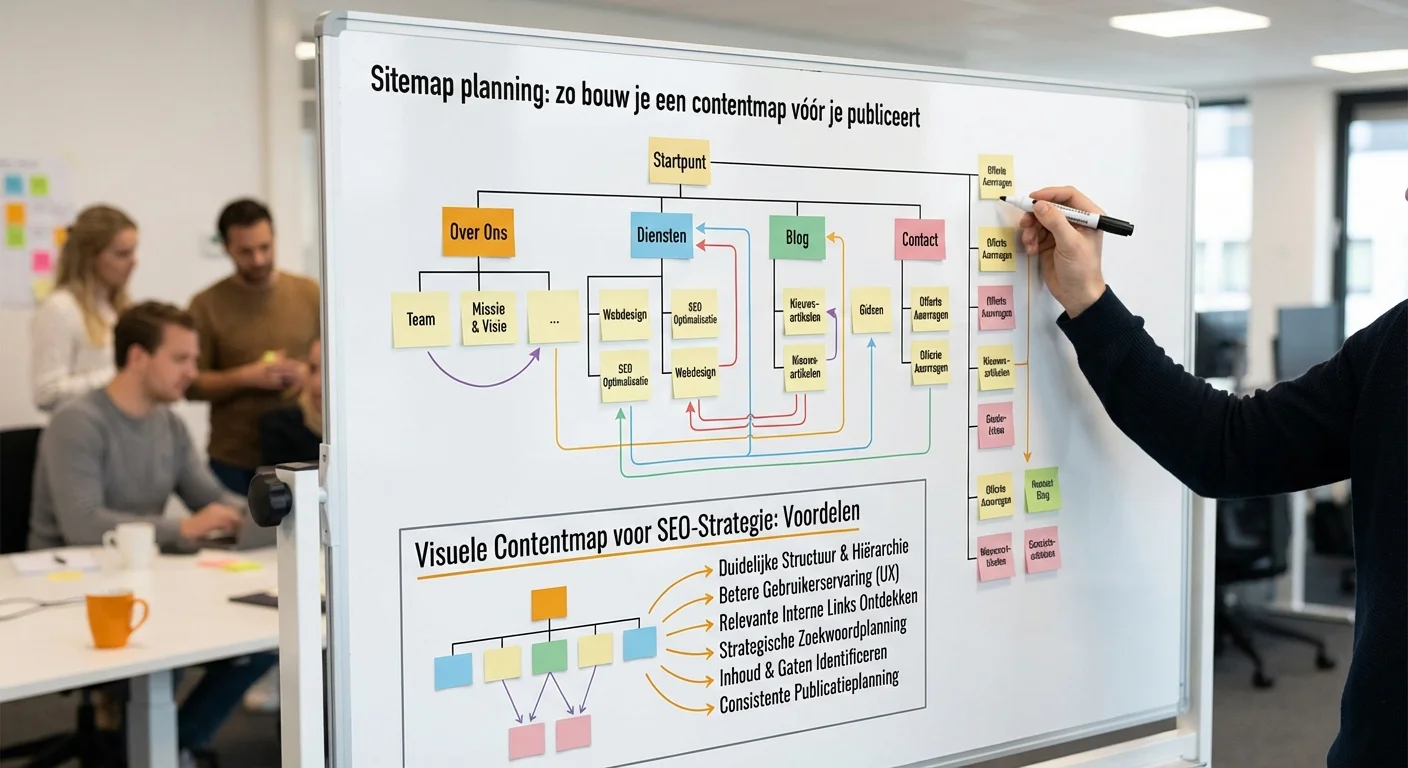 Sitemap planning: zo bouw je een contentmap v&oacute;&oacute;r je publiceert op een groot whiteboard in een modern kantoor, de voordelen van een visuele contentmap voor je SEO-strategie worden duidelijk door gekleurde diagrammen en verbindingen