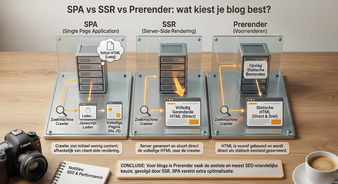 SPA vs SSR vs Prerender: wat kiest je blog best? waarbij de route van een zoekmachine crawler door verschillende serverstructuren wordt getoond