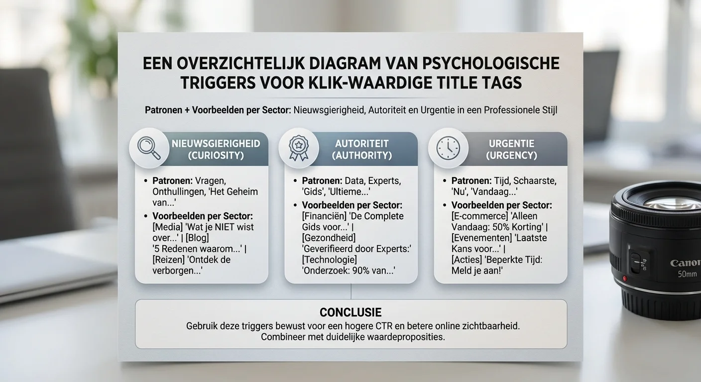 Een overzichtelijk diagram dat de psychologische triggers toont voor Title tags die klikken: patterns + voorbeelden per sector, met iconen voor nieuwsgierigheid, autoriteit en urgentie in een professionele infographic stijl