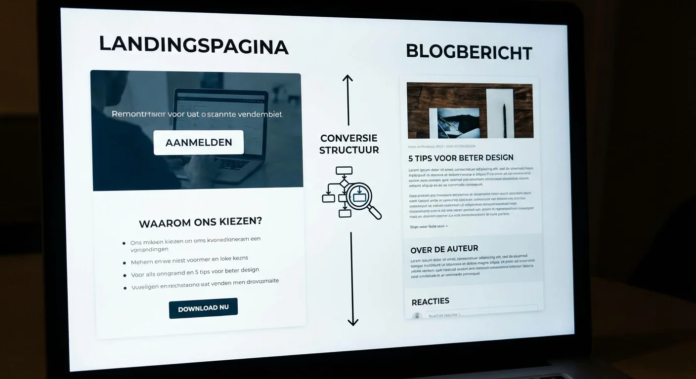 Zij-aan-zij vergelijking tussen een landingspagina en een blogpost om te zien welke structuur converteert, moderne stijl