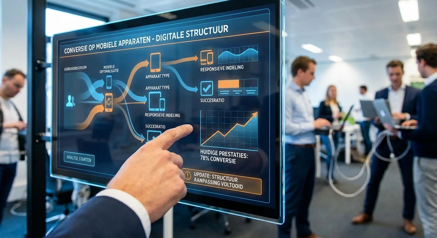 Realistic action photo, dynamic perspective van een digitale interface die laat zien welke structuur converteert op mobiele apparaten