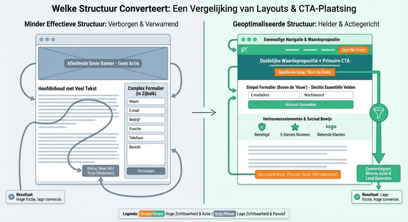Welke structuur converteert met een focus op de plaatsing van call-to-action knoppen en formulieren