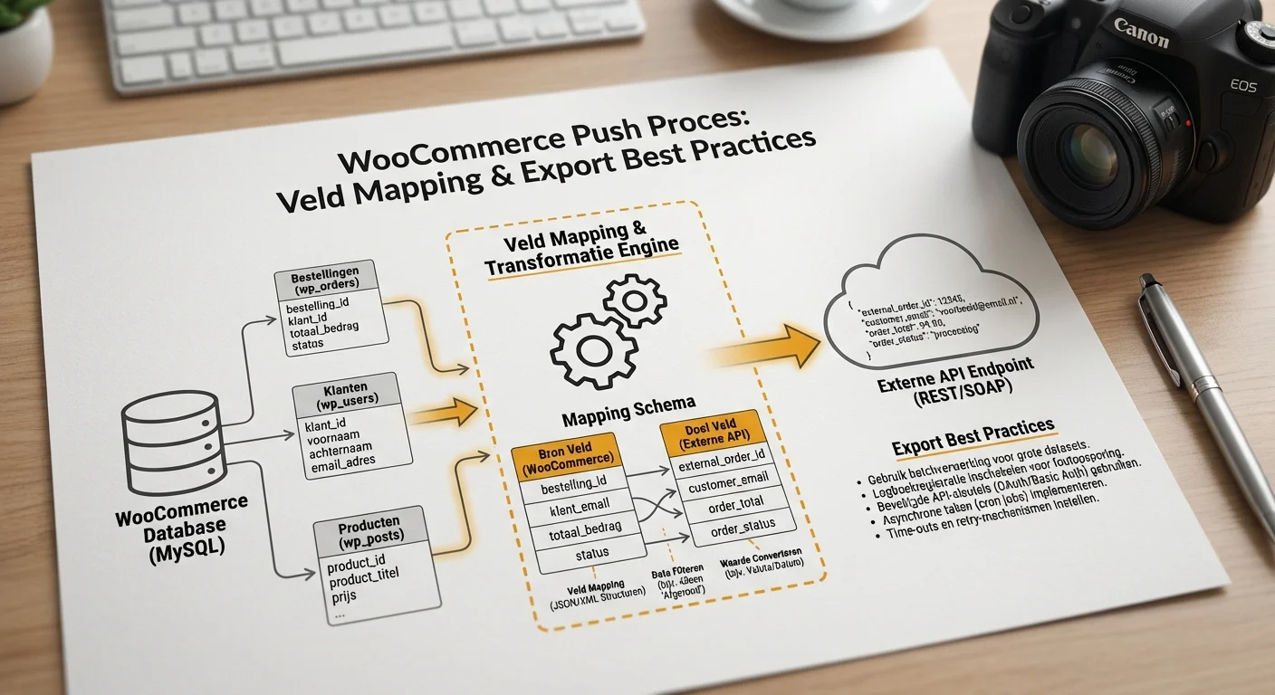 Een gedetailleerd diagram in infographic-stijl dat het proces van WooCommerce push: mapping van velden + export-best practices visualiseert, inclusief de verbinding tussen databasevelden en externe API-endpoints