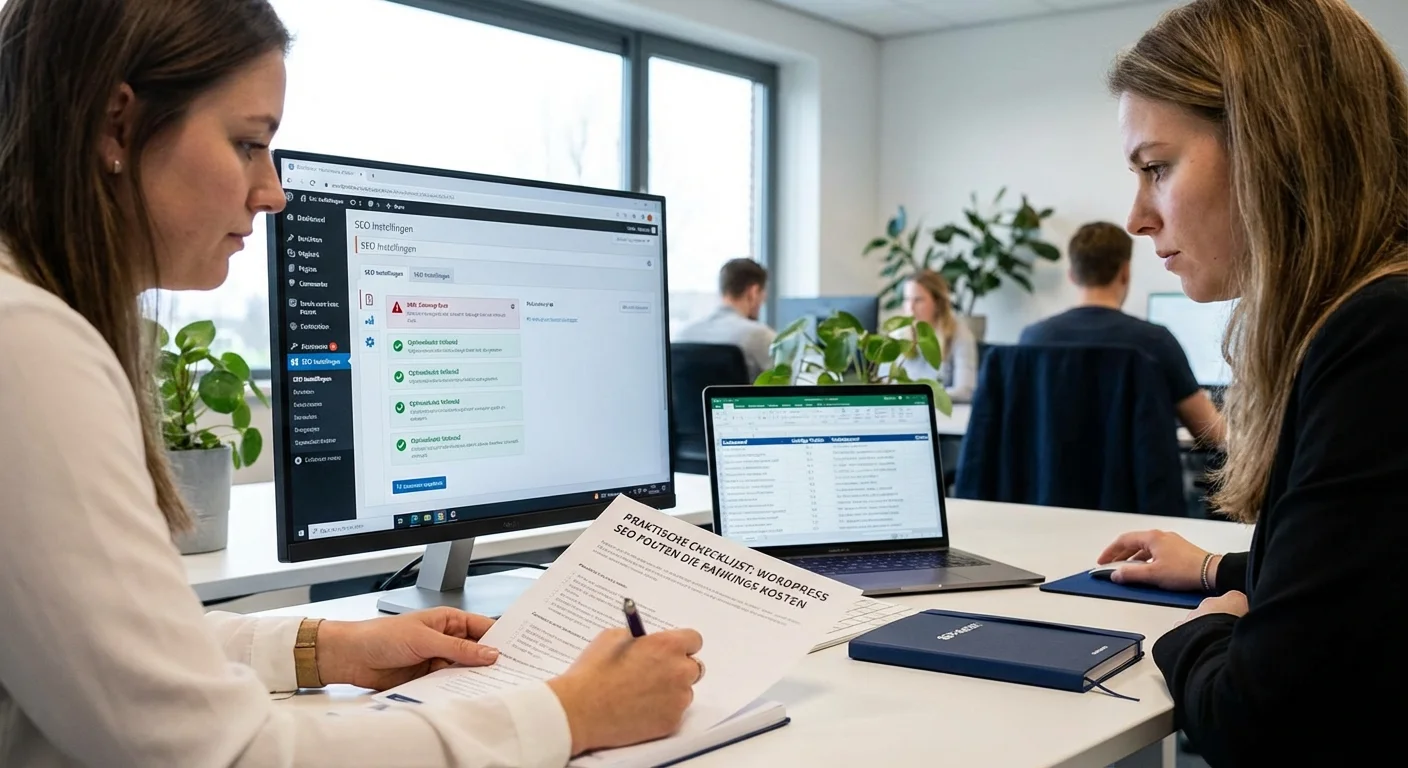 Professionele marketeer die WordPress SEO Fouten Die Rankings Kosten (Praktische Checklijst) analyseert tijdens content en plugin optimalisatie voor betere zoekresultaten op een modern kantoor
