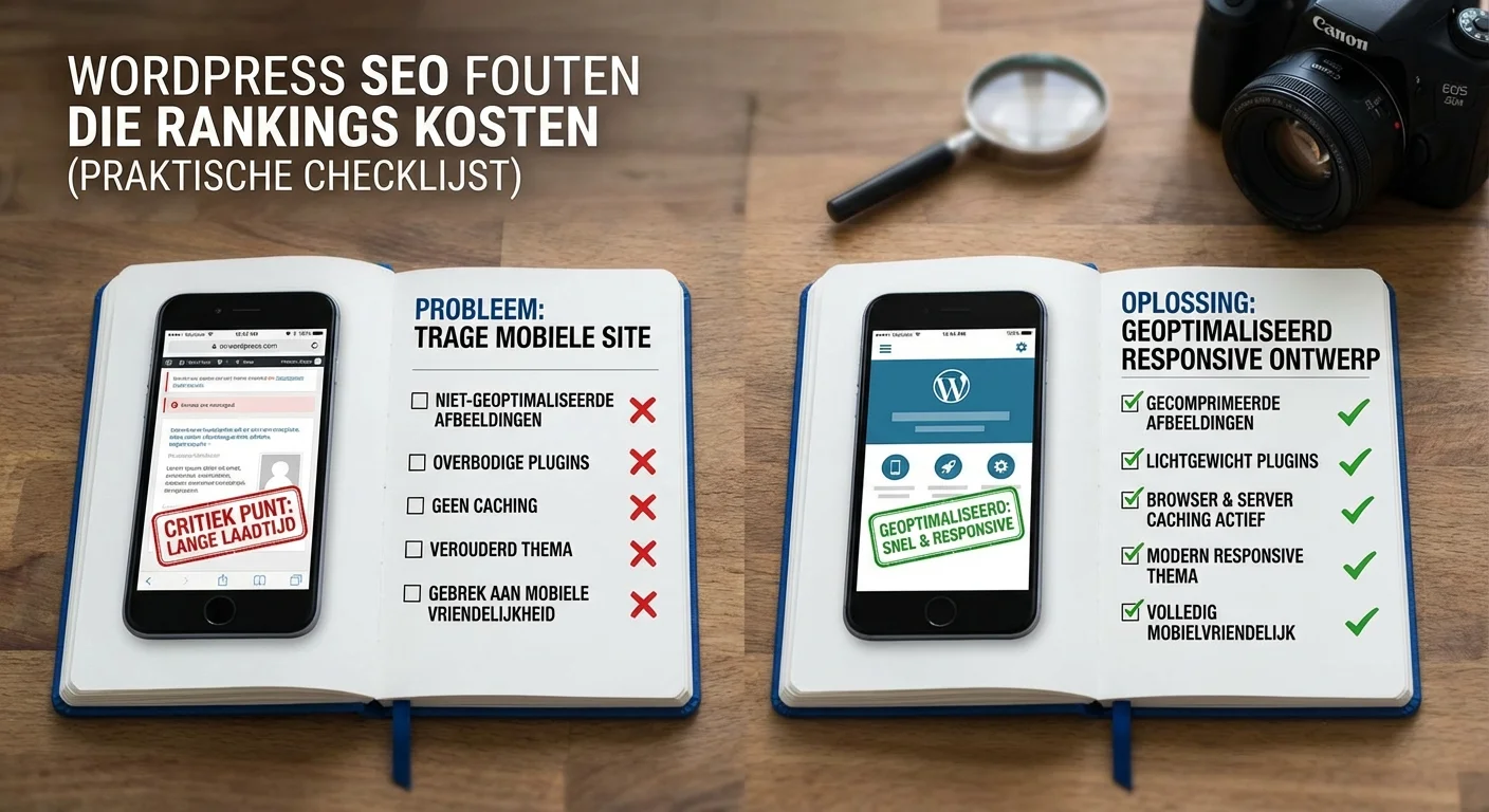 Comparative view, side-by-side layout van WordPress SEO Fouten Die Rankings Kosten (Praktische Checklijst) gericht op mobiele snelheid en een responsief ontwerp